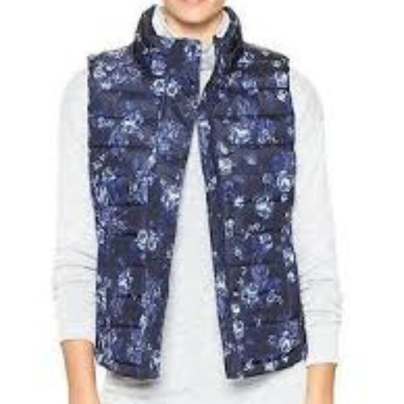 Gap Blue Floral Women's Small Quilted Puffer Full Zip Snap Overlay Chic Vest EUC - Picture 14 of 14